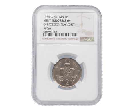 Mint Error - 1985 UK 2p on a foreign planchet. Obverse: Raphael Maklouf's portrait of Queen Elizabeth II, together with an in