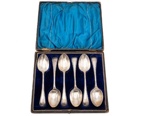 Boxed set of six hallmarked (Sheffield 1895 by Walker &amp; Hall) silver dessert spoons with Old English Bead pattern handles