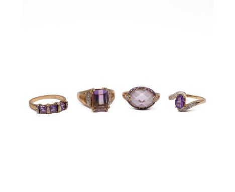 9ct gold hallmarked amethyst set dress rings, combined total weight 18 grams. (4)