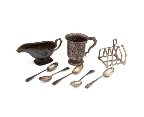 Silver to include: a toast rack, hallmarked Sheffield 1939, by 'FC'; a silver cup, hallmark rubbed; sauce boat, hallmarked Bi