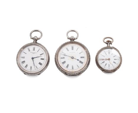 Ladies sterling silver pocket watches. Smallest - 26mm case, engraved detailing, unnamed; middle - 35mm bright cut engraved c