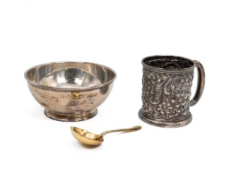 Silver bowl hallmarked London 1935, maker's mark&nbsp;Theodore Rossi, sterling silver mug and silver gilt hallmarked spoon, 2