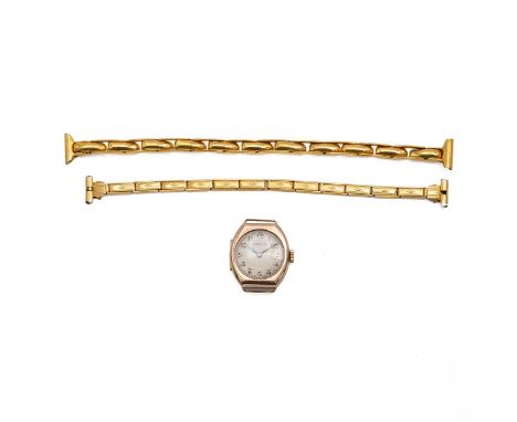 9ct gold Art Deco watch 'Walker &amp; Hall', 28mm x 31mm case, silvered dial with Roman numeral hour markers, gross weight 13