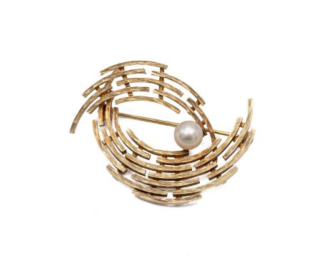 Fine 14ct gold and pearl brooch of architectural form, set with a single pearl, stamped 585, weight 9.6 grams.