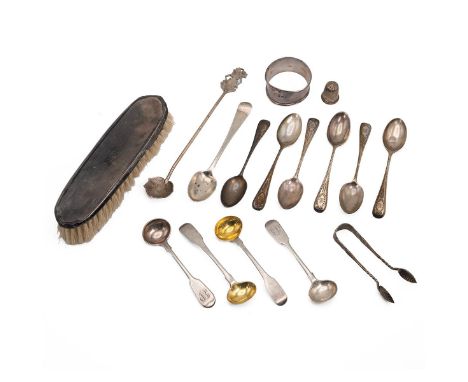 Collection of mostly silver teaspoons, including a set of six coffee spoons, salt spoons, sugar nips, weight 131 grams and a 