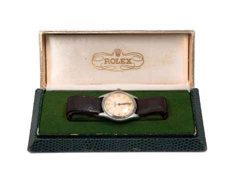 Rolex Oyster Royal wristwatch in original box. Ref 6144, manual wind, 37mm stainless steel case, two tone dial, Arabic and ba