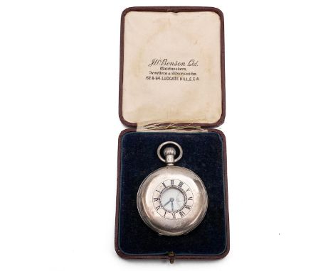 J.W. Benson sterling silver half hunter pocketwatch, c1926. Keyless wind, 17 jewels, 41mm case, white enamel dial, Roman nume