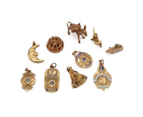 Assortment of ten charms, donkey, half moon, rhino, medallions, lobster pot etc. one hallmarked 750, four hallmarked 10ct, on
