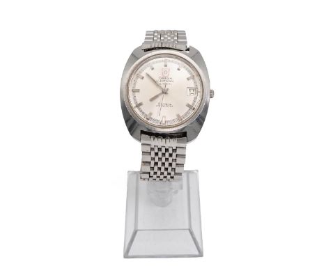 Omega Electronic f300Hz Geneve gents wristwatch. 38mm stainless steel case and steel bracelet. Brushed steel dial with baton 