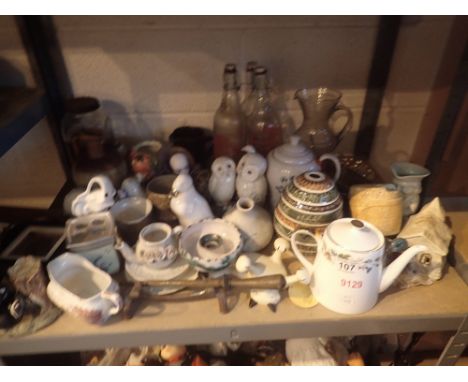 Shelf of mixed ceramics, stoneware, glass including bottles, owl figurine etc