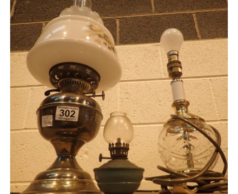 Oil lamp with shade and flue, small oil lamp and electric lamp