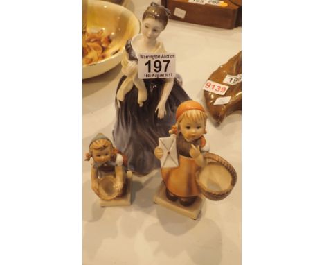 Royal Doulton Adrienne H2304 and two Goebel figures 