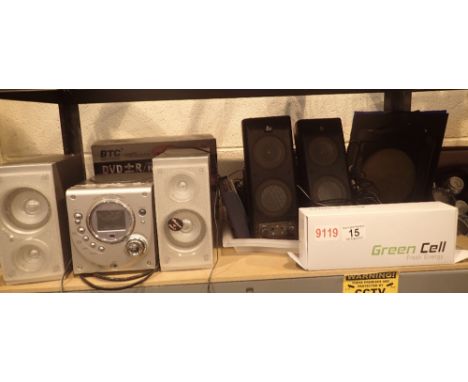 Shelf of assorted audio / computer items including micro CD system, DVD player, cables, leads, speakers etc