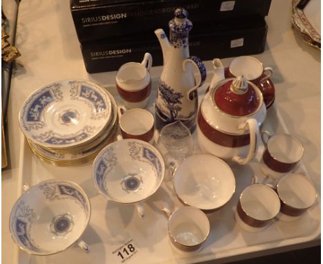 Tray of ceramics including Coalport Revelry plates and bowls, Spode blue/white jug, teaset etc