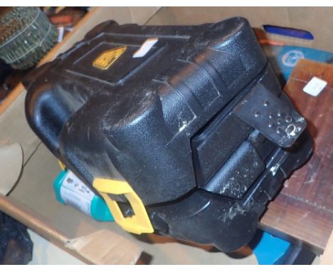 Box of mixed tools including jigsaw, power screwdriver and tap and die set