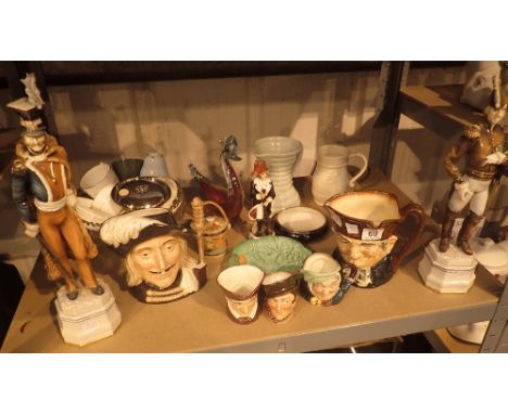 Shelf of mixed ceramics including Royal Doulton character jugs, 'Ararris' and 'Old Charley' and small jug 'Sairley Camp' plus