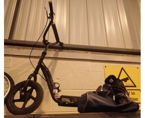 BMX style scooter O2B022 with rear brake and pair of size 3 X-line roller boots, blue, in carry bag 