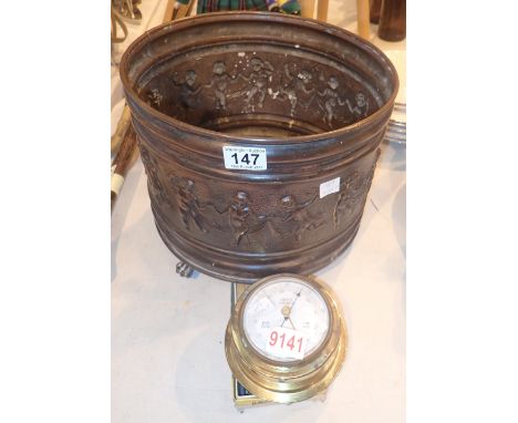 Large embossed copper plant container, D: 30 cm, a brass cased barometer and Singer sewing machine fittings 