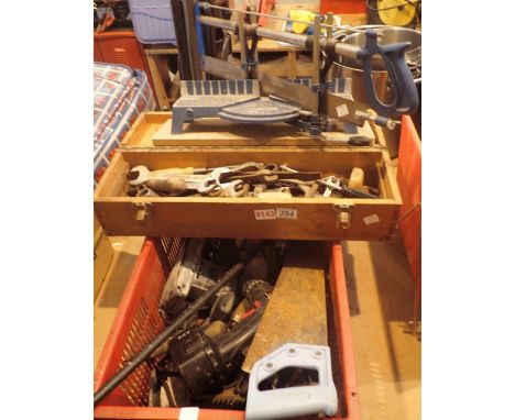 Box of mixed tools including Mitre saw, spanners, electric sander, plane, stop tap tool and wooden toolbox etc