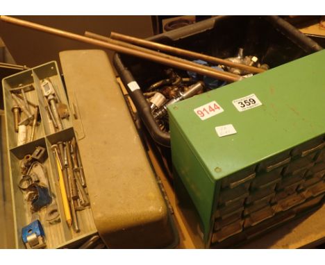 Box of plumbing fittings including joints, taps, pipe, Cantilever toolbox with drillbits, screws, nails etc and twenty five c
