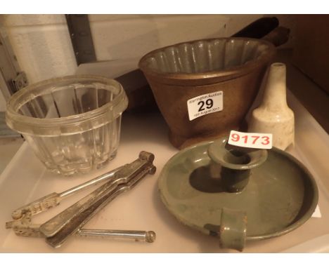 Mixed collection of antique jelly moulds, fireside shovels, enamel candle holder etc 