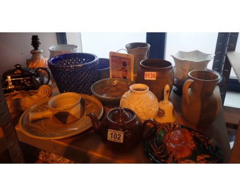 Shelf of mixed ceramics and stoneware, including blue lattice pot oven 