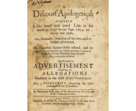 William Lilly, astrologer.- Gataker (Thomas) A Discours Apologetical; wherein Lilies lewd and lowd Lies in his Merlin or Pasq