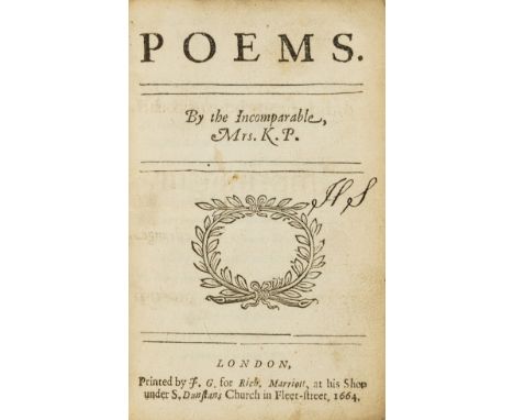 P[hilips] (K[atherine]) Poems, first (unauthorised) edition, initial imprimatur leaf, woodcut device on title, errata leaf bo