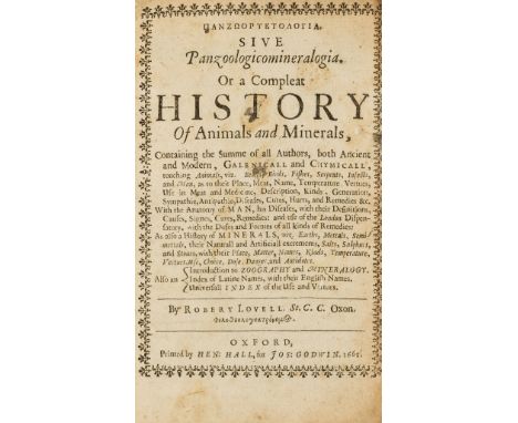 Natural History.- Lovell (Robert) Panzooryktologia [graece]. Sive Panzoologicomineralogia. Or a Compleat History of Animals a