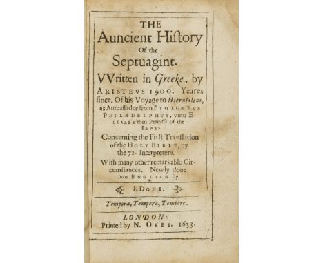 "Aristeas".The Auncient History of the Septuagint. Written in Greeke...Concerning the First Translation of the Holy Bible, by