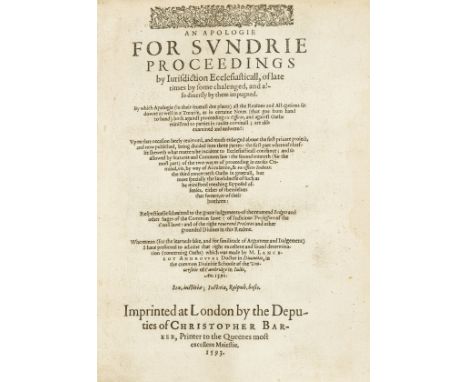 Cosin (Richard) An Apologie for Sundrie Proceedings by Jurisdiction Ecclesiasticall, second edition, woodcut initials and dec