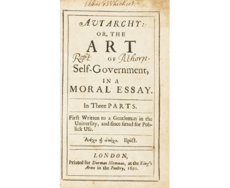 Debauchery.- [Burghope (George)] Autarchy: or, the Art of Self-Government, in a Moral Essay, first edition, initial imprimatu