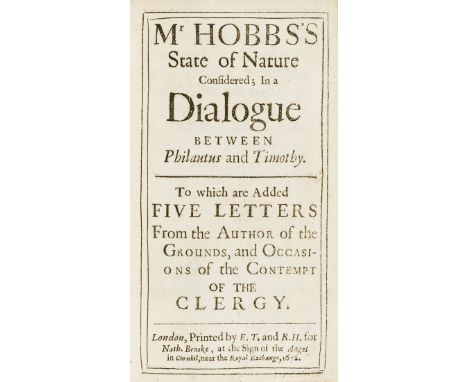 [Eachard (John)] Mr Hobbs's State of Nature Considered; In a Dialogue between Philautus and Timothy, first edition, M4-8 adve