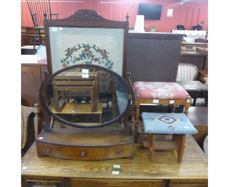 A George IV inlaid mahogany toilet mirror, an embroidered firescreen, two stools and two prints 