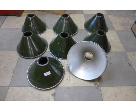 Fourteen industrial green enamelled lamp shades 