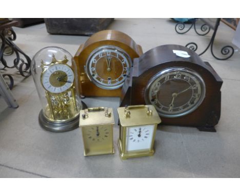 A Bentima Westminster chime mantel clock, another mantel clock, an anniversary clock and two carriage clocks 