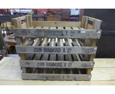 Four vintage John Hammond &amp; Co. pine potato crates 