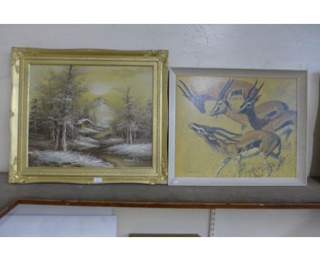 A Keith Shackleton print, Children of the Sun and an Alpine landscape, oil on canvas, signed Kimble 