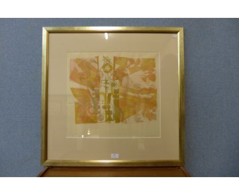 A signed limited edition Julia Ball linocut print, High Wind, Tions, no. 4/25, framed 