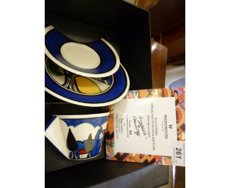 A Wedgwood china Clarice Cliff design Blue Autumn pattern trio  Limited Edition 95/500  boxed with certificate  boxed; and an
