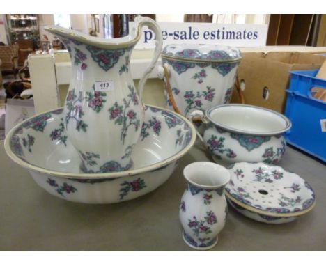 A late Victorian Losol Ware six piece china toiletry set  comprising a wash basin, a ewer, a chamber pot, a soup dish, a beak