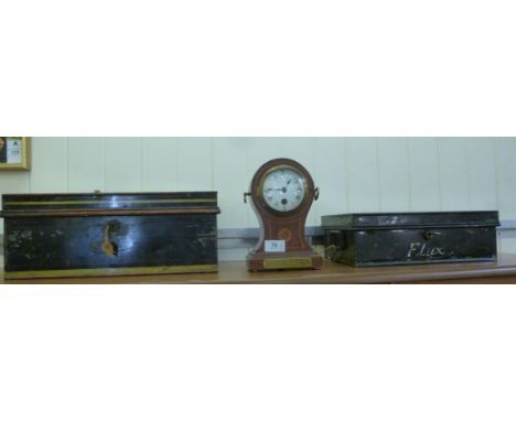 An Edwardian satinwood inlaid oak and lacquered brass mounted, balloon cased mantel timepiece; the movement faced by a convex