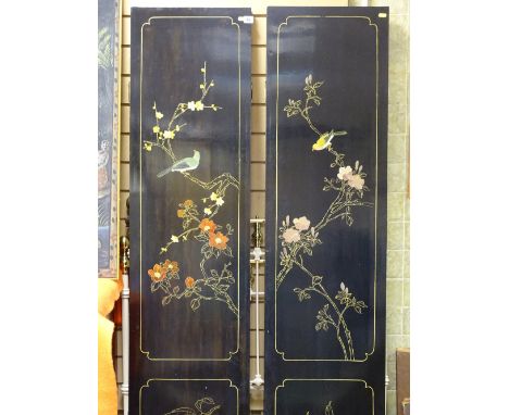 Four fold hand painted and mother of pearl inlaid Oriental dressing screen