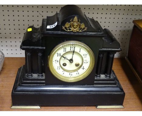 Excellent slate mantel clock with pillar supports and steeple top