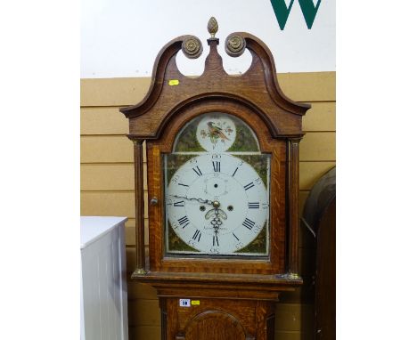 Circa 1840 longcase clock, oak case with arched top, painted dial by North Leckonfield, twin weight pendulum driven movement,