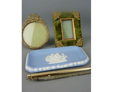 Tray of mixed collectables including portrait frames, Jasperware, pens etc