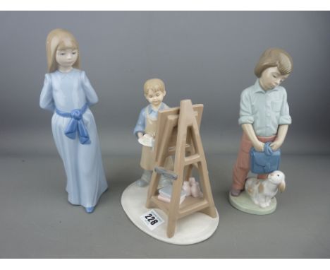 Nao figurine of a young girl, Nao young boy and puppy and a Leonardo Collection figure of a young boy at easel