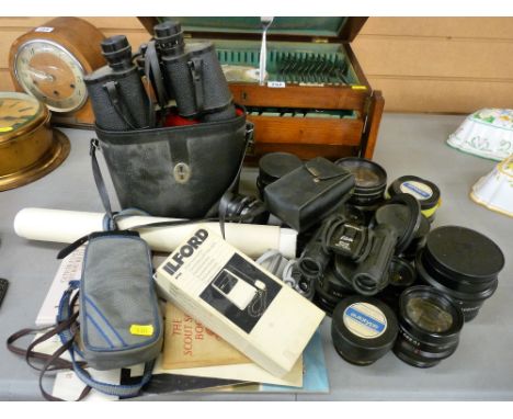 Parcel of photographic equipment, two pairs of binoculars, one by Miranda, camera lenses by G Rodenstock etc