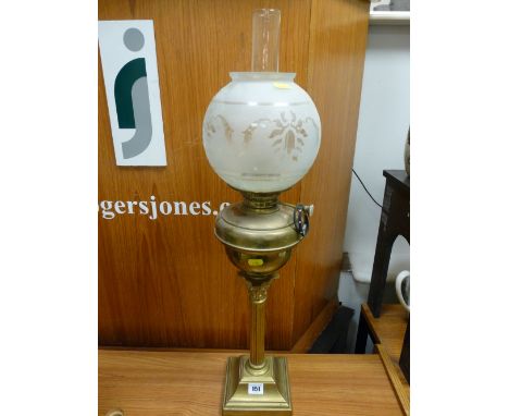 Brass column oil lamp with etched glass circular shade