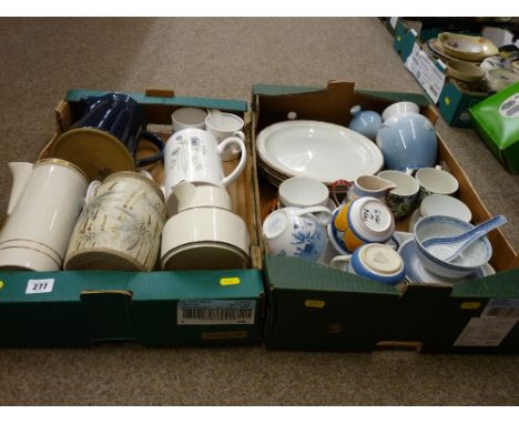 Two boxes of miscellaneous china to include Susie Cooper, T &amp; G Green, Midwinter, Royal Copenhagen vases etc